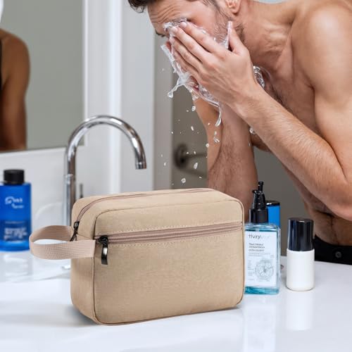 Travel Hanging Toiletry Bag with Carry Handle - Water-Resistant Small Cosmetic Organizer for Men & Women, Makeup, Shaving Kit, Gym & Travel Essentials (Khaki) - color: Khaki