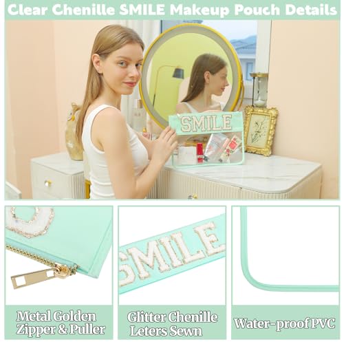 Beach Vacation Essentials Clear Makeup Bag with Glitter Chenille Zipper Cosmetic Pouch for Travelling Women (Mint-Smile) - color: Mint-Smile, size: Flat