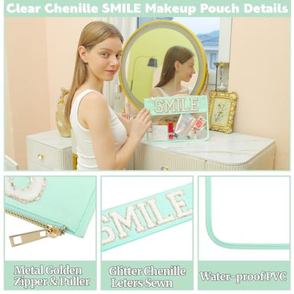 Beach Vacation Essentials Clear Makeup Bag with Glitter Chenille Zipper Cosmetic Pouch for Travelling Women (Mint-Smile) - color: Mint-Smile, size: Flat