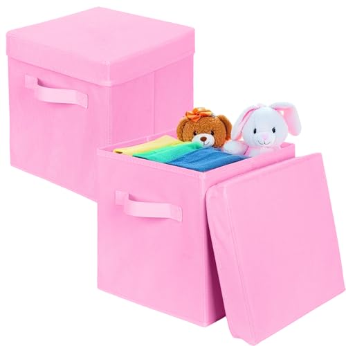 ShellKingdom Storage Bins, Foldable Fabric Storage Cubes with Lid, Clothes Storage Organizer Drawer For Closet Toys Storage, 10.5 X 10.5 X 11 INCH, 2 Pack (Pink) - color: Pink, size: 11 inch (2 Pack)