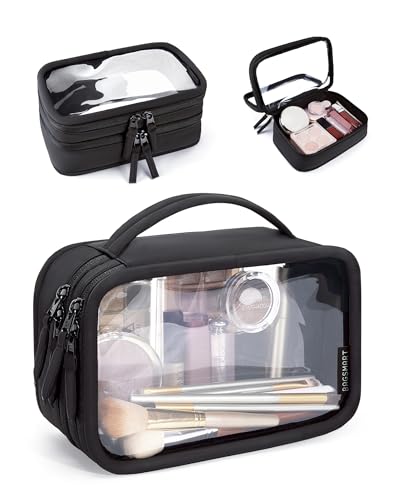 BAGSMART Double Layer Clear Makeup Bag, TSA-Approved Toiletry Bag, Large Opening with Handle, Cute Water-Resistant Travel Cosmetic Bag with Double Zipper for Car Essentials(Black) - color: Black, size: Large