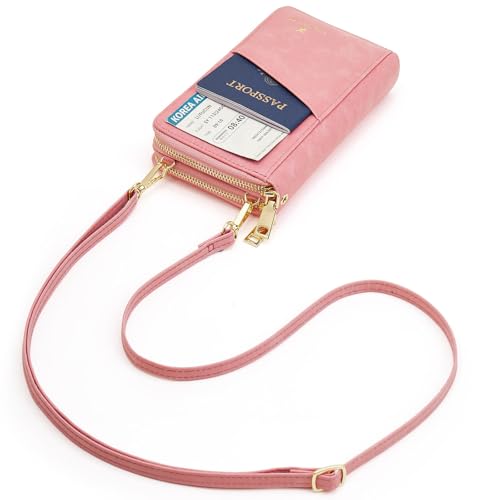 GOIACII Passport Wallet Travel Crossbody Bags for Women Wristlet Phone Purse Double Zip Vegan Leather Pink - color: A04 Pink