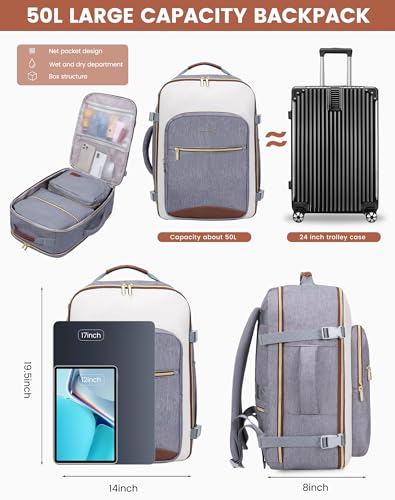 LOVEVOOK 50L Travel Backpack for Women & Men, Airline Approved Carry On Luggage with 3 Packing Cubes, TSA Overnight Bags, Waterproof Personal Item Bag, Weekender Essentials Backpacks fits 17" Laptop - color: Grey-beige-brown, size: X-Large