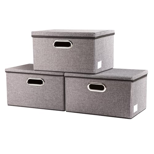 PRANDOM Storage Bins with Lids [3-Pack] Linen Fabric Foldable Storage Boxes Organizer Containers Baskets Cube with Cover for Home Bedroom Closet Office Nursery Grey（11.4X8.6X6.7 - color: Gray, size: S(3-Pack)