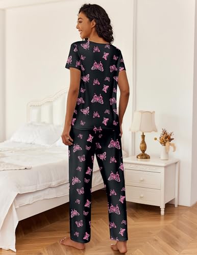 Ekouaer 2 Piece Womens Pajamas Short Sleeve Top and Long Pants Pjs Set Printed Sleepwear with Pocket - color: Black Butterfly, size: Large