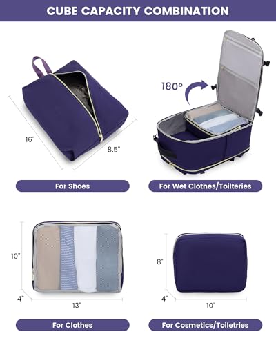 LOVEVOOK Large Travel Backpack for Women, TSA Carry on Backpack for Airplanes, 40L Personal Item Travel Bag for Women fits 17" Laptop,Waterproof Carry on Bag Airplane Approved with 3 Packing Cubes - color: Blue Purple - Purple - Black, size: 40L-4Pcs