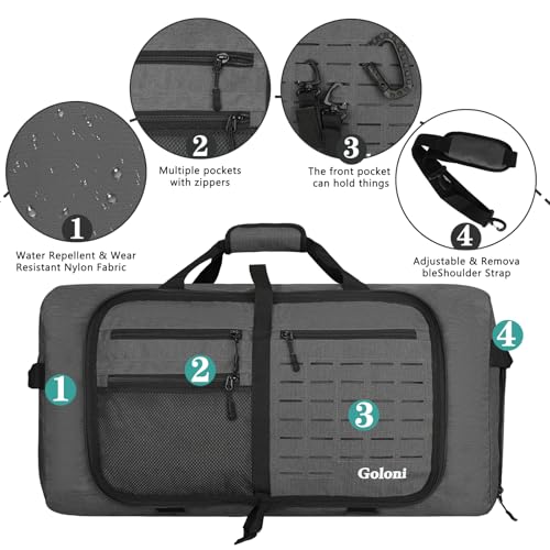 Foldable Travel Duffle Bag for Men Women, Waterproof with Shoe Compartment, 80L 120L Large Collapsible Luggage Bag, Lightweight Packable Duffel for Travel Sports Gym Airline Carry On Checked Bag - color: Grey