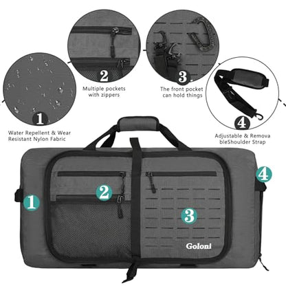 Foldable Travel Duffle Bag for Men Women, Waterproof with Shoe Compartment, 80L 120L Large Collapsible Luggage Bag, Lightweight Packable Duffel for Travel Sports Gym Airline Carry On Checked Bag - color: Grey