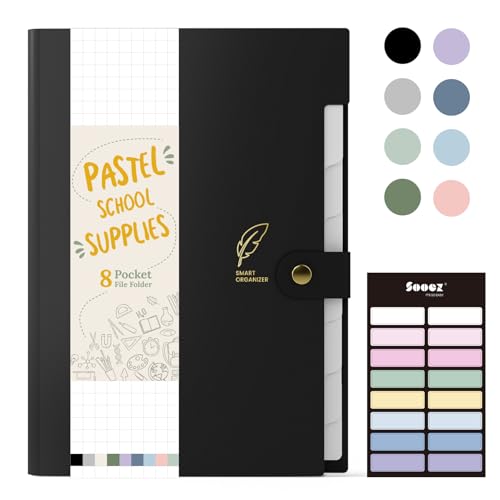 Sooez File Folders Organizer, Folders with 8 Pockets, Folders for Documents w/Sticker, Accordion File Organizer, Paper Receipt Bill Filing Organizer, School College Office Travel Essentials Supplies - color: Black