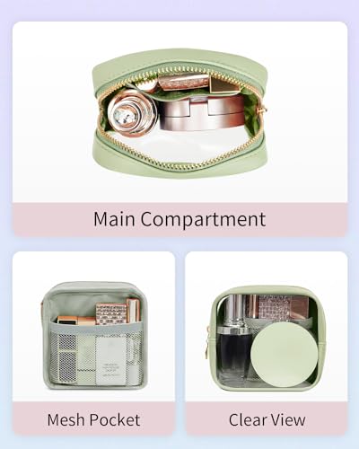 Wandering Nature 2 Pcs Clear Makeup Bag for Purse Mini Make up Bag Cute Cosmetic Pouch for Women with Slip-in Pockets Travel Toiletry Essentials Vegan Leather Organizer Pouch - color: Green Set
