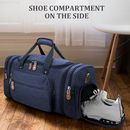 Gonex Canvas Duffle Bag 60L Travel Duffel Overnight Weekend Bag with Shoe Compartment (Blue) - color: Blue, size: X-Large-60L (With Shoe Compartment)