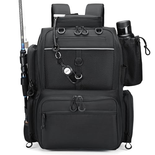 Rabjen Fishing Tackle Backpack with Rod Holders, Bottle Holder, Storage Bag Store Fishing Gear - color: Black
