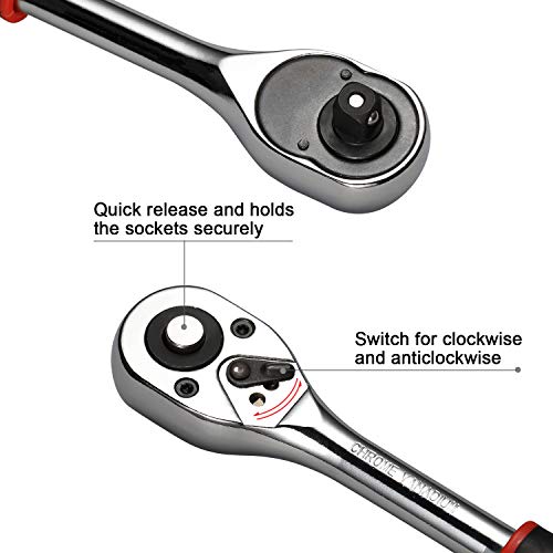 Egofine 12pcs 3/8 Inch Ratchet Socket Wrench Set, Drive Socket Set with 10 Sockets 8-14,17,19,21mm and 2 Way Quick Released Ratchet Handle and Extension Bar - size: 3/8, style: 12PC Standard Socket Set