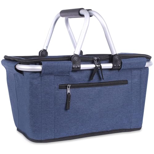 Picnic Basket, SIYUAN Collapsible Shopping Basket with Lid 27L Large Market Basket with Handles Reusable Folding Grocery Basket Insulated Cooler Bag for Picnic Travel, Blue - color: Blue