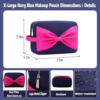 Travel Essentials Large Makeup Bag Fashion Bow Cosmetic Pouch Travel Toiletry Kit Bag for Women (XL,NavyBlue-Bow) - color: NavyBlue-Bow, size: XL