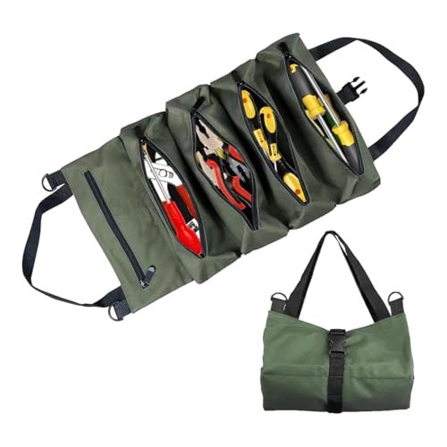 Tool Bag Roll Up,Heavt Duty Tool Organizer Portable Tool Storage Bags Waterproof Oxford Cloth-Zipper Pouch for Men Mechanic, Electricians, Repairman, Green