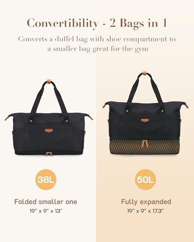 Missnine Weekender Bag for Women, Foldie Travel Bag Expandable with Shoes Compartment Travel Duffel 50L Carry on Overnight Gym - color: Black, size: Set (2 Pcs)