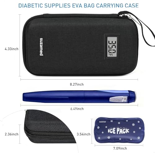 suzamed Insulin Cooler Travel Case,EVA Insulation Travel Medicine Kit with Temperature Display for Diabetes Care,Insulin Pen and Other Diabetic Supplies (Black-Temp) - color: Black