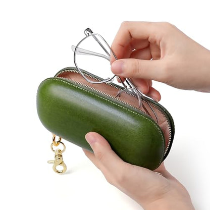 Leather eyeglass protective case - Portable travel sunglasses case - Suitable for both men and women - style: Zipper-green