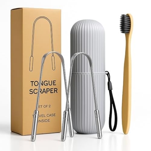 Tongue Scraper Set – Cleaner Kit with Bamboo Toothbrush with Charcoal Bristles & Travel Case – Daily Oral Hygiene Tool for Men & Women (Stainless Steel, 2 - Pack),Reduce Bad Breath, Tongue Scrubber - color: Stainless Steel
