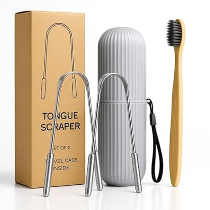 Tongue Scraper Set – Cleaner Kit with Bamboo Toothbrush with Charcoal Bristles & Travel Case – Daily Oral Hygiene Tool for Men & Women (Stainless Steel, 2 - Pack),Reduce Bad Breath, Tongue Scrubber - color: Stainless Steel