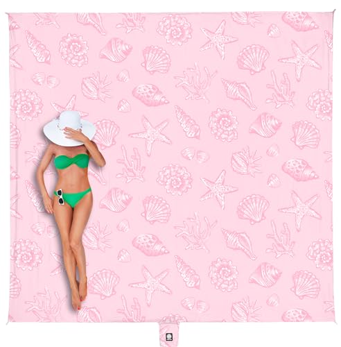 WEKAPO Beach Blanket Waterproof Sandproof Oversized, Extra Large Beach Mat Sand Free, Lightweight & Compact Sand Free Mat with 5 Stakes & 4 Corner Pockets - color: Pink Sea Shells, size: 8 x 7 FT (1～4 person)
