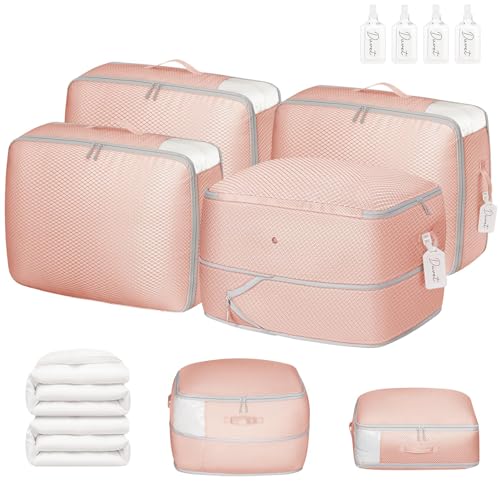 DIMJ Comforter Storage Bag 4 Pack - Blanket Storage Organizer Compression Bags, Large Capacity Ultra Space Saving Self Compression Organize for Bedding, Pillow, Duvet, Sheet Storage with Zipper Window - color: Pink, size: 66L x 4 Pack