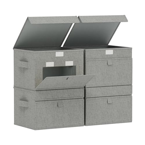 Storage Boxes with Flip Cover, Foldable Bin for Clothes, Cubes with Handles, Decorative Linen Baskets for Home, Bedroom, Closet, 10.2x7.9x6.7in, Grey, 4 Pack - color: Grey, size: 10.2x7.9x6.7 in(4 Pack)