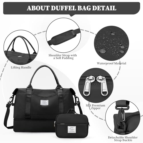 Weekender Bags for Women,Personal Item Travel Bag with Shoes Compartment,Overnight Travel Duffel Bag with Toiletry Bag,Medium - color: Black, size: Medium