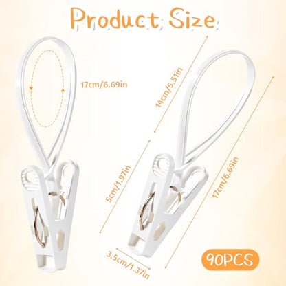 90 Pack Multi-Purpose Clothes Pins Laundry Hooks Hanging Clips with Plastic Rope for Baby Clothes Closet Organizer for Pants Hat Sock Boot Bra Towel Bathroom Wardrobe Kitchen, White