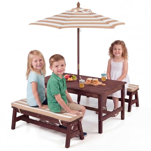 HONEY JOY Kids Picnic Table, Large 42“x 23” Tabletop, Fir Wood Toddler Outdoor Table & Bench Set w/Removable Cushions & Umbrella, Children Backyard Furniture for Patio Garden, Seats for 4 (Walnut) - color: Walnut