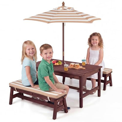 HONEY JOY Kids Picnic Table, Large 42“x 23” Tabletop, Fir Wood Toddler Outdoor Table & Bench Set w/Removable Cushions & Umbrella, Children Backyard Furniture for Patio Garden, Seats for 4 (Walnut) - color: Walnut