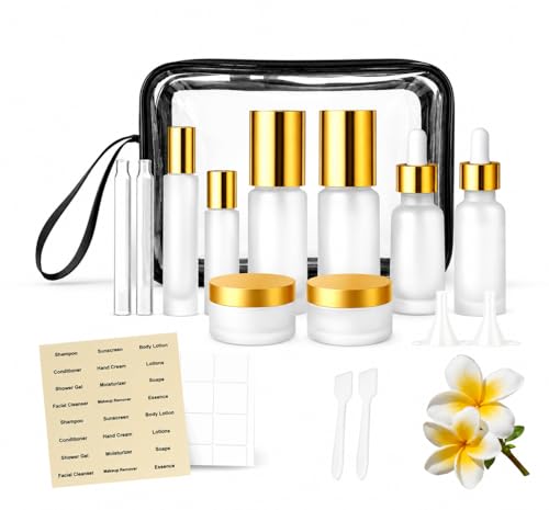 18Pack Glass Travel Bottles for Toiletries, TSA Approved Glass Travel Containers 1.35/0.7/1 oz Golden Small Travel Bottles with Label, BPA Free Leak Proof with Pump Spray Bottles for Makeup, Skincare - color: Golden-frosted glass