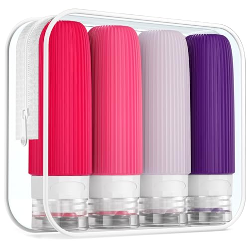 Mrsdry Travel Bottles for Toiletries, Tsa Approved 3oz Portable Travel Bottles, BPA Free Leak Proof Squeezable Silicone Travel Size Containers, Travel Accessories with Clear Toiletry Bag (4 Pack) - color: Dark Purple, size: 3 Ounces