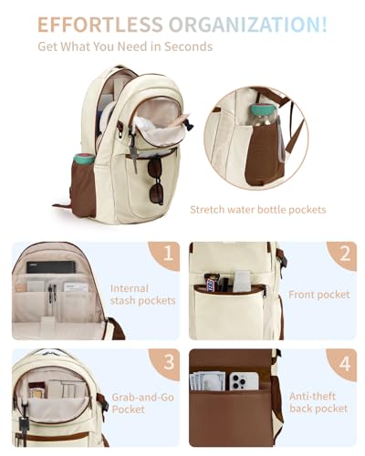 ECOHUB Travel Backpack for Women, 17.3 inch Suspended Laptop Backpack, Fashion Water-Resistant College Computer Bookbag, 28L Personal Item Bag with 12 Pockets for Causal, Work, Cream & Brown - color: Cream & Brown
