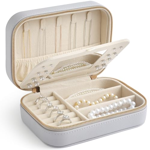 Genuine Leather Travel Jewelry Organizer Case with Mirror for Women, Small Mini Portable Jewelry Box for Ring Earrings Necklace Bracelet Luxury Gift for Women（Lilac） - color: Lychee Grain Leather Lilac