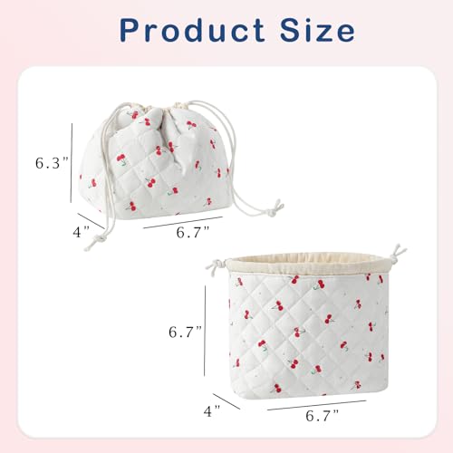 uekeboag Cotton Quilted Drawstring Makeup Bag with Canvas Lining,Coquette Aesthetic Cute Travel Toiletry Bag,Drawstring Gift Bag for Women and Girls(01Cherry) - color: 01Cherry