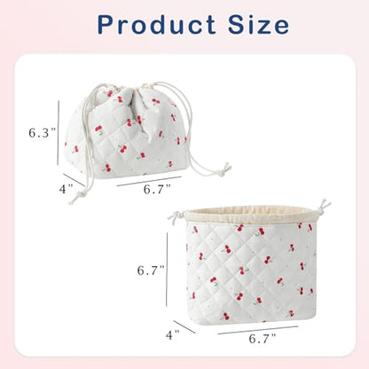 uekeboag Cotton Quilted Drawstring Makeup Bag with Canvas Lining,Coquette Aesthetic Cute Travel Toiletry Bag,Drawstring Gift Bag for Women and Girls(01Cherry) - color: 01Cherry