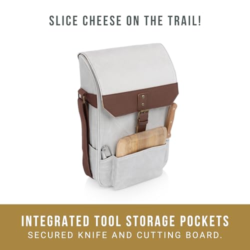 Picnic TIME 2 Bottle Insulated Wine Bag with Cheese Board and Knife Set, Wine Picnic Bag, Natural Waxed Canvas Wine Tote, (White) - color: White