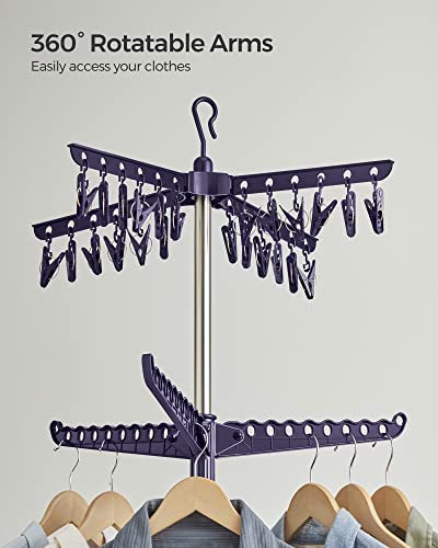 SONGMICS 2-Tier Clothes Drying Rack, 72-Inch Folding Laundry Drying Rack with 3 Rotatable Arms for Hangers, 24 Clips, Stainless Steel, for 27 Pieces of Clothes, Blue and Silver ULLR512Q01 - color: Blue + Silver, style: 2-Tier-Clip