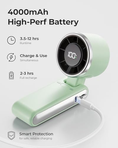 Portable Handheld Turbo Fan - 5 Gear High Speed 4000mAh Rechargeable Mini Personal Hand Fan Blow Cold Air, Battery Operated Travel Essentials, Beach Vacation, Gifts for Women, Men (Green) - color: Green