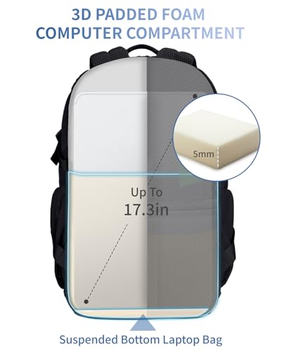 ECOHUB Travel Backpack for Men Women, 17.3 inch Suspended Laptop Backpack, Fashion Water-Resistant College Computer Bookbag, 28L Personal Item Bag with 12 Pockets for Causal, Work, Black - color: Black
