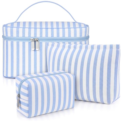 Huhumy 3 Pieces Makeup Bag Set for Women Cute Seersucker Cosmetic Pouch Travel Toiletry Bag Preppy Small Makeup Purse Pouch Aesthetic Skincare Brushes Storage Organizer for Women (Light Blue) - color: Light Blue