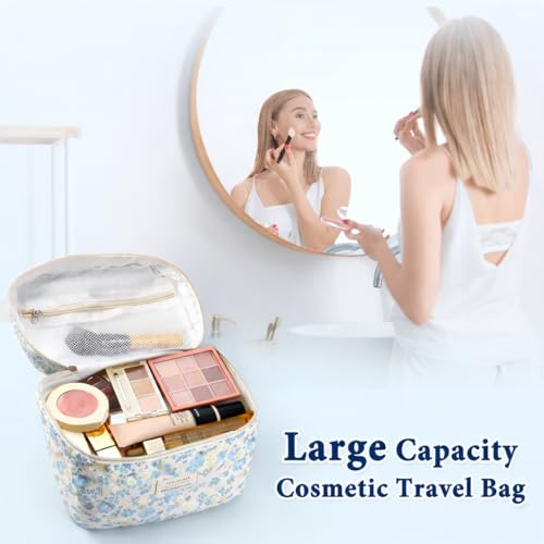 NATINSA Cute Makeup Bag for Women(2 Pcs), Travel Cosmetic Bags, Quilted Coquette Aesthetic Floral Toiletry Organizer Bag (49 - Green Leaf/4PCS) - color: 49 - Green Leaf/4PCS