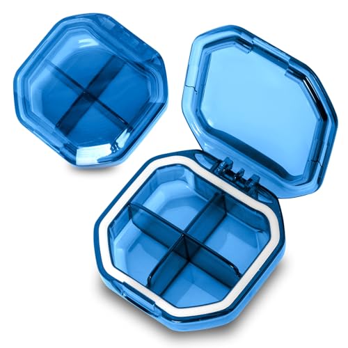 2 Pack Small Pill Organizer, 4 Compartment Pill Box for Travel, 2-Inch Portable Pocket Pill Case for Purse, Vitamin & Supplement Medication Organizer, Travel Essentials Container (Blue+Blue) - color: Blue+blue