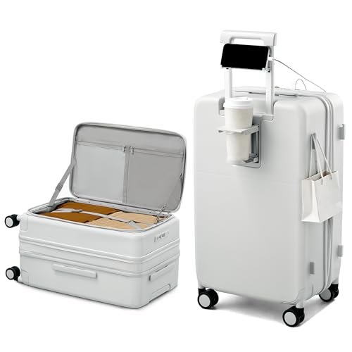 Hanke 24 Inch Expandable Checked Luggage with Cup Holder and Charger Port,Top Opening Hard Shell Suitcases with Wheels, Medium Travel Rolling Suitcase Trunk Luggage with Lock, Smoke White - color: Smoke White, size: Expandable 24 Inch