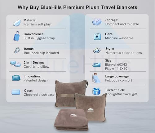 BlueHills Premium Soft Travel Blanket Pillow Airplane Flight Blanket Throw in Soft Bag Pillow case with Luggage Belt & Backpack Clip Compact Pack Large Airport Taupe T023 - color: Taupe-1pk-t023