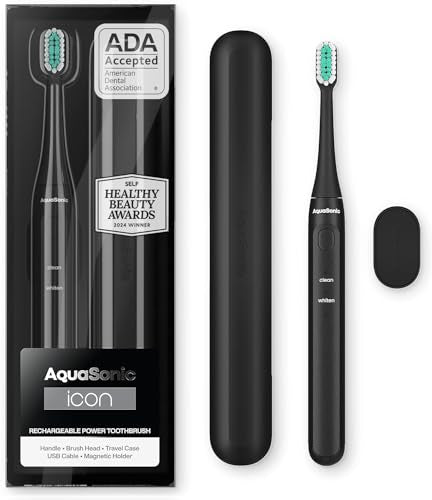 Aquasonic Icon ADA-Accepted Rechargeable Toothbrush | Magnetic Holder & Slim Travel Case | 2 Brushing Modes & Smart Timers | Gentle Micro-Vibrations(Onyx) - color: Onyx