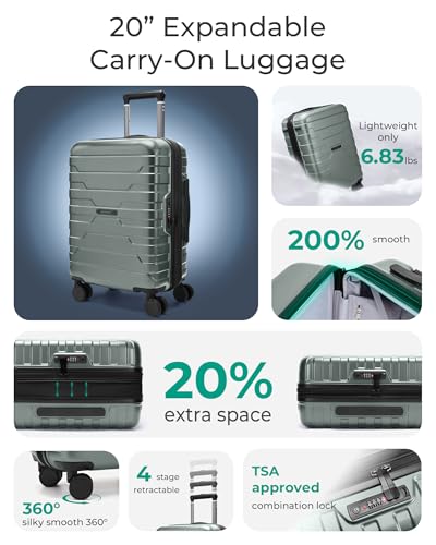 BAGSMART Carry On Luggage 22x14x9 Airline Approved with Spinner Wheels,Lightweight 20 Inch Luggage with TSA Lock,Expandable Hard Shell Carry On Suitcases for Men Women,Olive - color: Olive