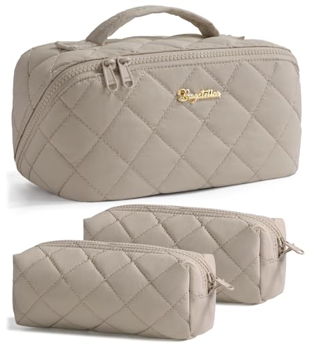Travel Makeup Bag, 3 Pcs Large Capacity Puffy Toiletry Bag for Women, Open Flat Quilted Make up Cosmetic Organizer w/Handle & Clear Divider Water-resistant Portable Pouch Travel Essentials, M-Oatmeal - color: Oatmeal, size: medium